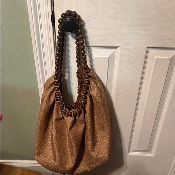 Chic Tan Beaded Handle Women's Shoulder Bag - Picture 3 of 7